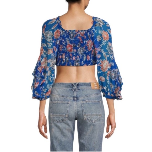NWT MISA Los Angeles Ancora Blue Floral Chiffon Tie Front Cropped Top Reg. $275 - Picture 3 of 11